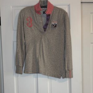 Joules Grey Pullover Top with Pink Collar and Patch Detail